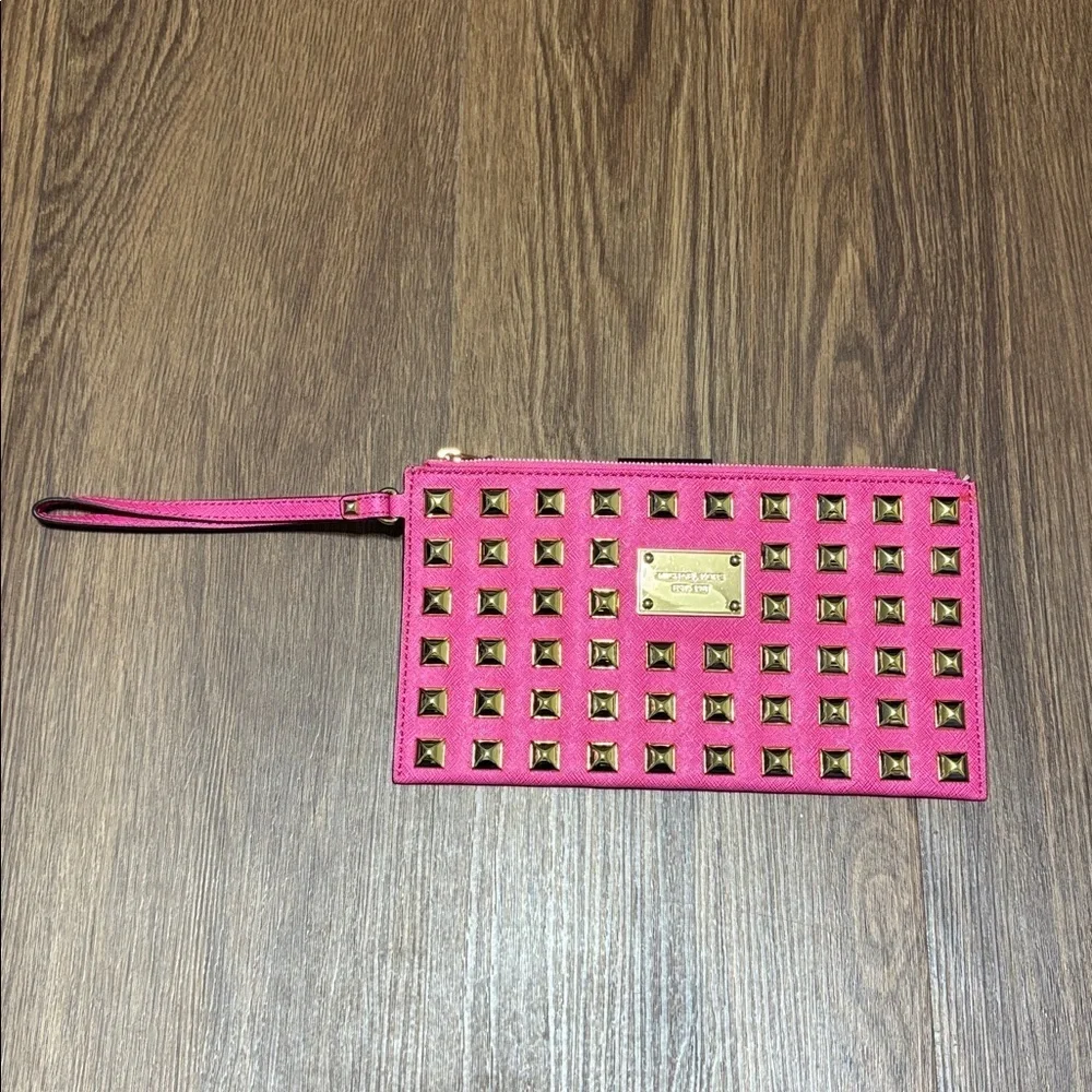 Michael Kors Fuchsia Studded Wristlet Clutch Gold Studs Pink Leather